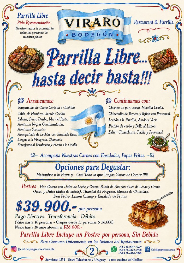 Afiche de la propuesta de parrilla libre y tenedor libre de Viraró Bodegón en Buenos Aires