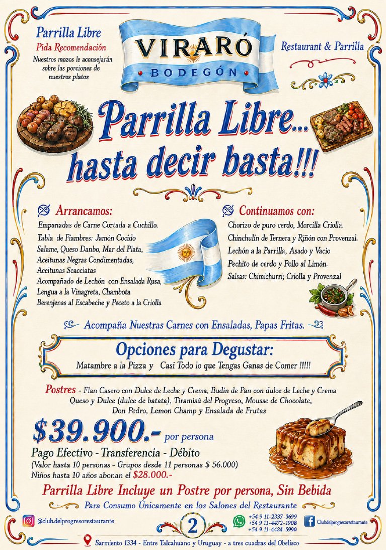 Parrilla libre en Restaurante Viraró Bodegón de Buenos Aires con carnes asadas, achuras, empanadas, fiambres, postres y menú completo en el Microcentro cerca del Obelisco.